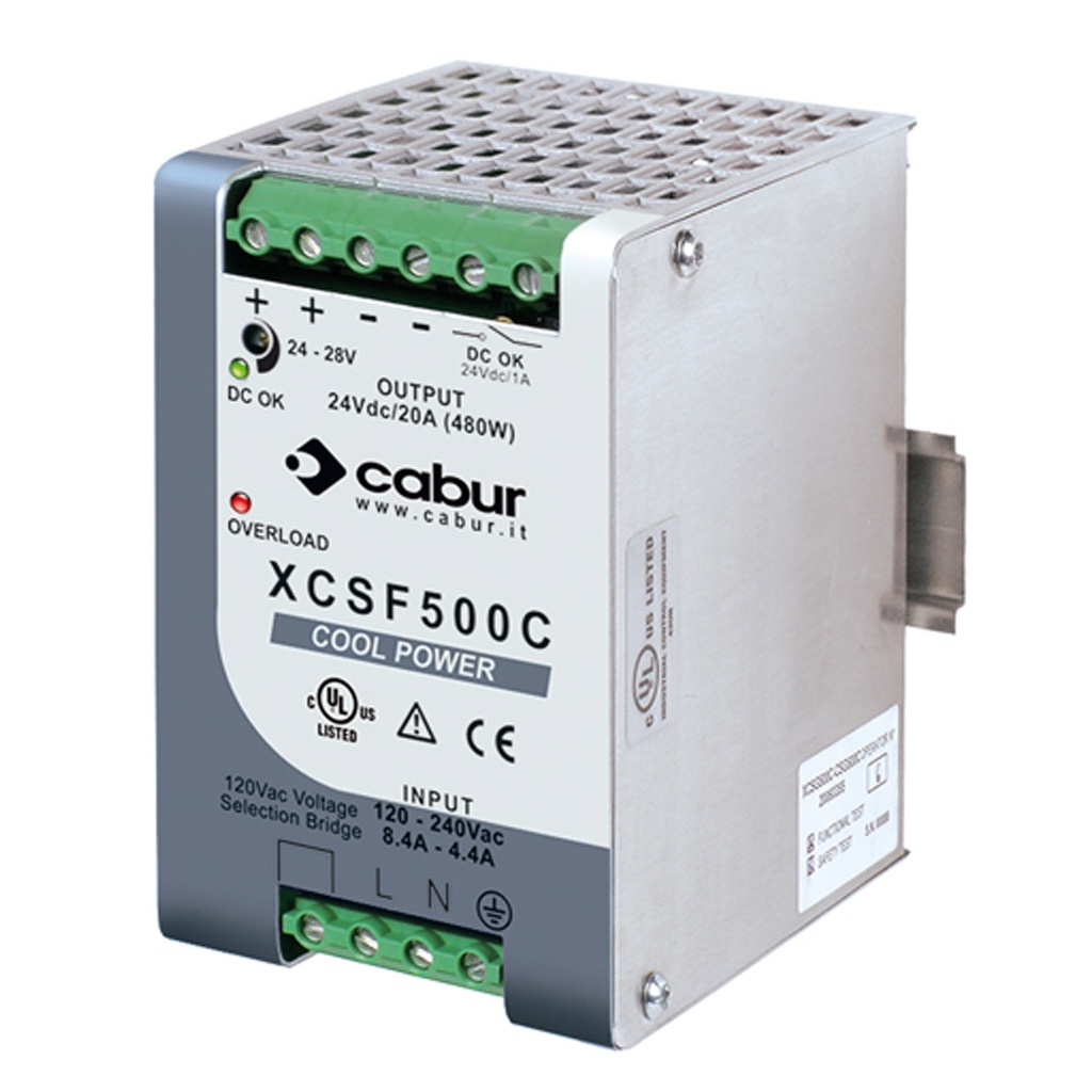 24VDC 20A DIN Rail Power Supply | 500W | 120/230VAC Input | High Peak Current for DC Motors & Heavy Loads | UL508 | XCSF500C