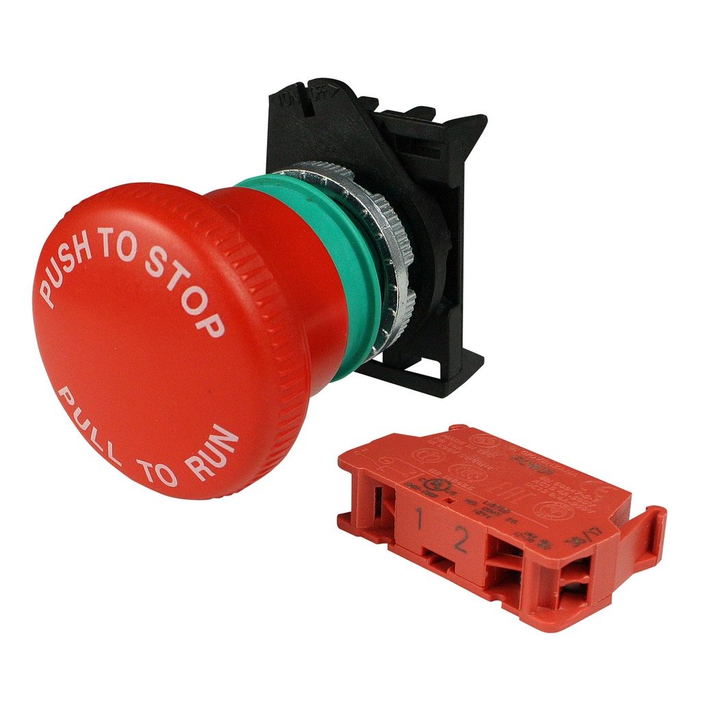 E-Stop Button: Push-to-Stop/Pull-to-Run (Printed), 40mm Red Button, 22mm Body, 1 NC Contact Included