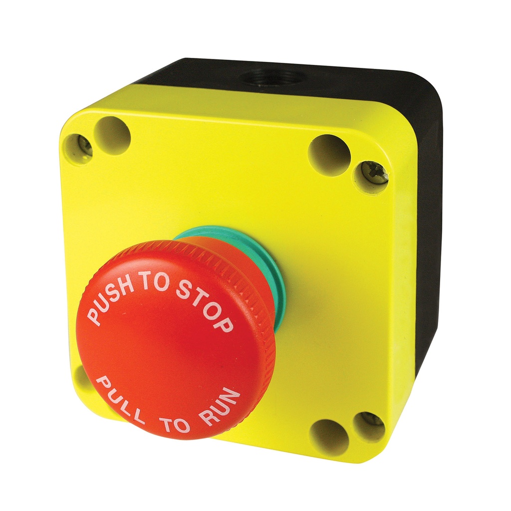 E-Stop Control Station, 40mm Red Button E-Stop: Push-to-Stop/Pull-to-Run (PRINTED), 1 NC Contact Included, NEMA 4 Enclosure, Button Guard