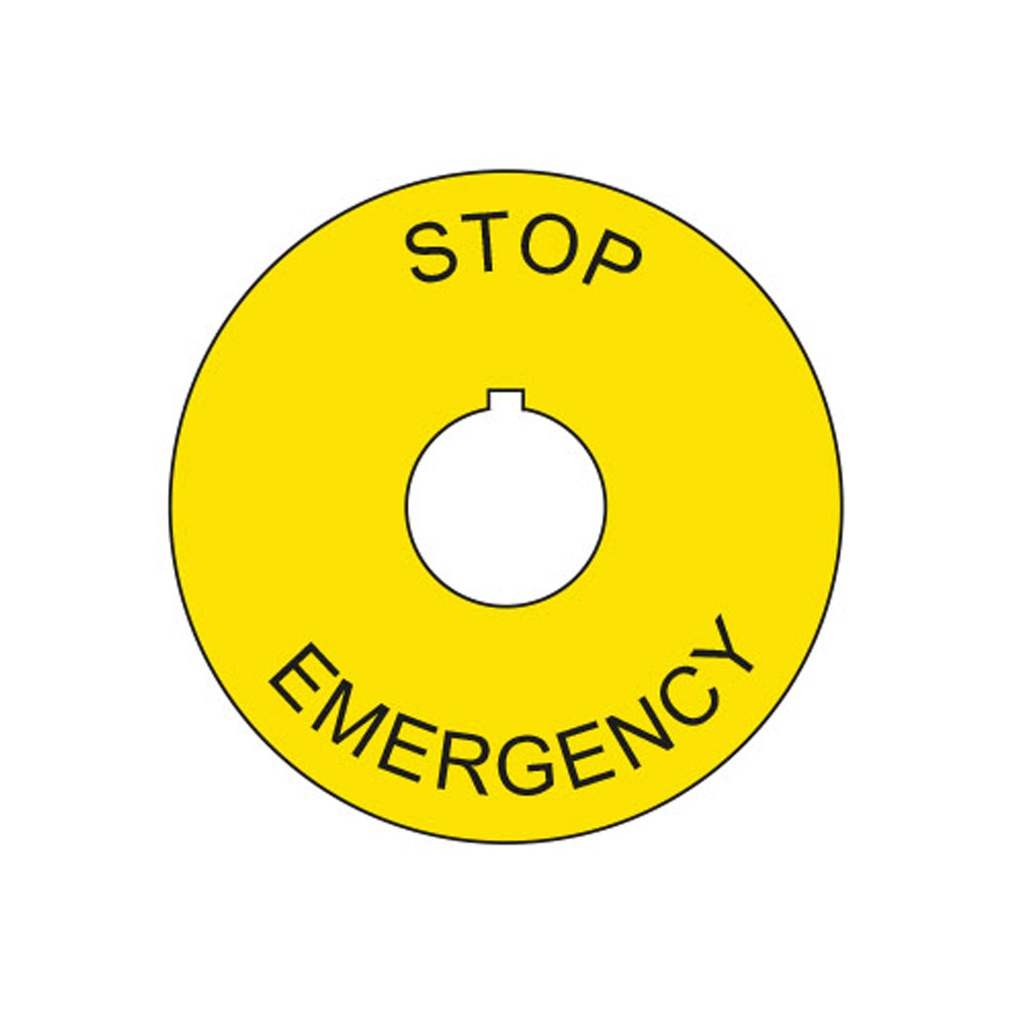 Emergency Stop Plate, Aluminum, 60mm Diameter, For 22mm Emergency Stop Buttons, Yellow, Black Letters