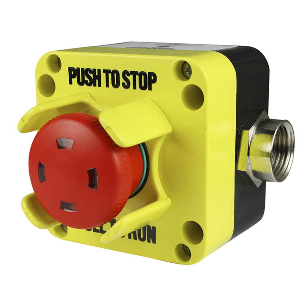 E-Stop Control Station: Push-to-Stop/Pull-to-Run with visual indicator, 40mm Red Button, 22mm Body, 1 NC Contact Included, NEMA4 Enclosure w/ 1/2" NPT Fitting Included and Horizontal Knockout