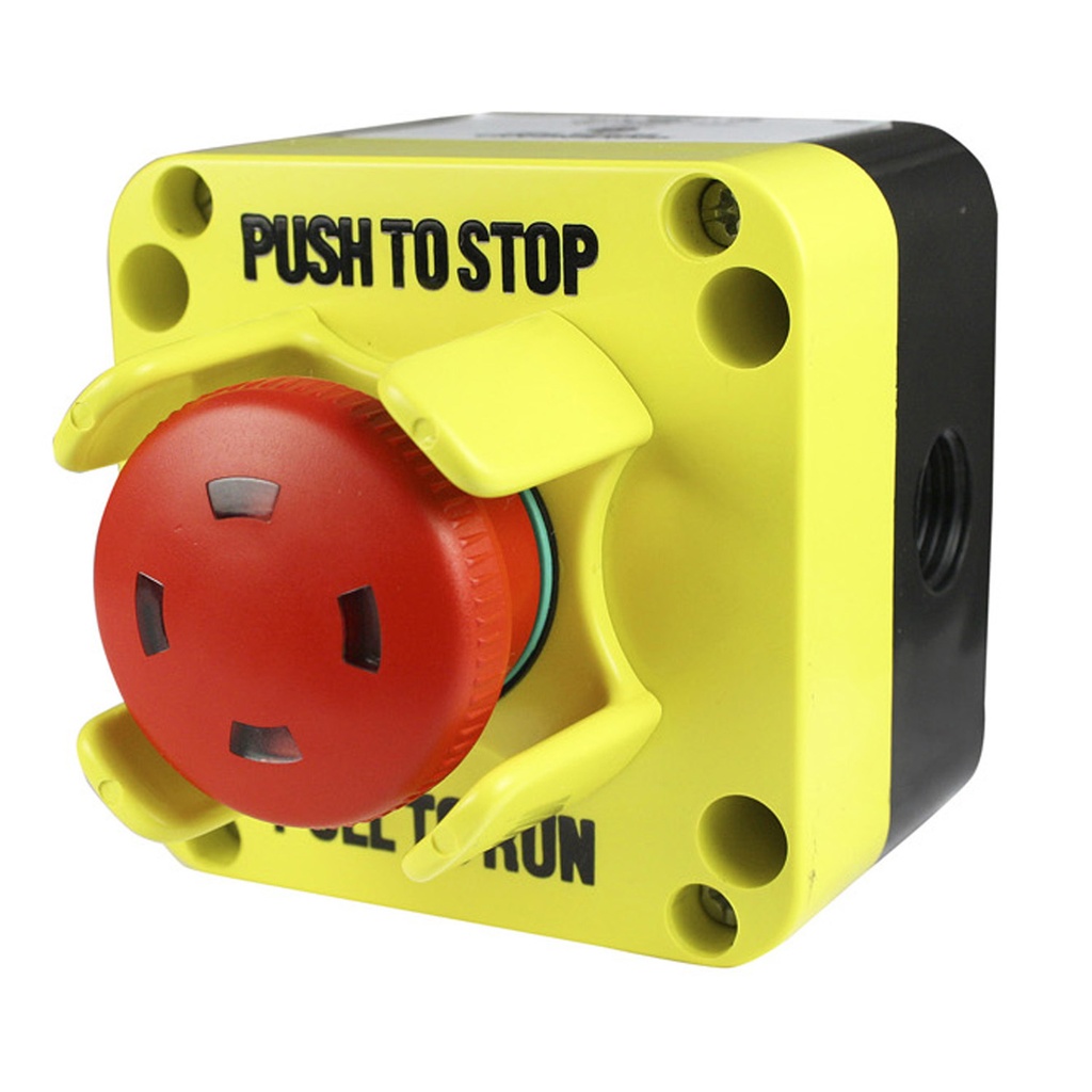 E-Stop Control Station: Push-to-Stop/Pull-to-Run with visual indicator, 40mm Red Button, 22mm Body, 1 NC Specialty Safety Contact Included, NEMA4 Enclosure w/ 1/2" NPT Fitting Included and Horizontal Knockout