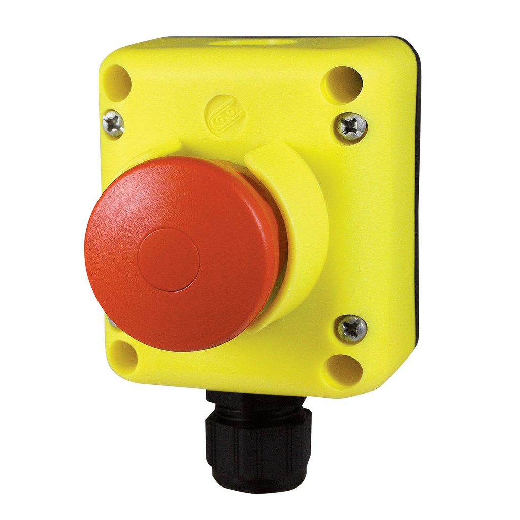 E-Stop Control Station, 40mm Red Button E-Stop: Push-to-Stop/Pull-to-Run, 1 NC Contact Included, TLP1 NEMA 4 Enclosure w/Cable Gland and Button Guard