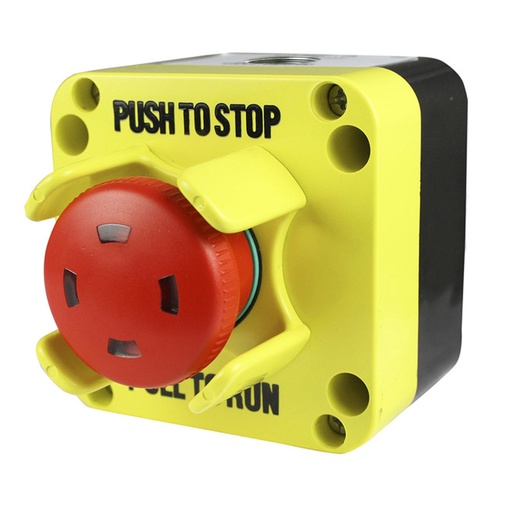 [SLA11NPNCGMS360] E-Stop Control Station, 40mm Red Button E-Stop: Push-to-Stop/Pull-to-Run with visual indicator, 1 NC Contact Included, NEMA 4 Enclosure, Button Guard, 4 knockouts