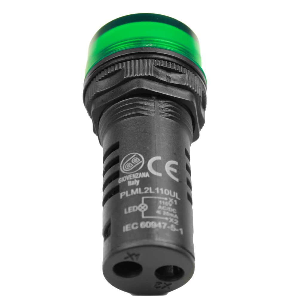 120V Green LED Panel Indicator Light, 22mm Panel Mount, Screw Wire Terminations, UL Listed