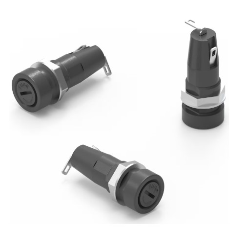Screw Cap Panel Mount Fuse Holder, Accepts 5x20 mm Glass Fuse, Tab Connections, 10 Amp, 250 V AC