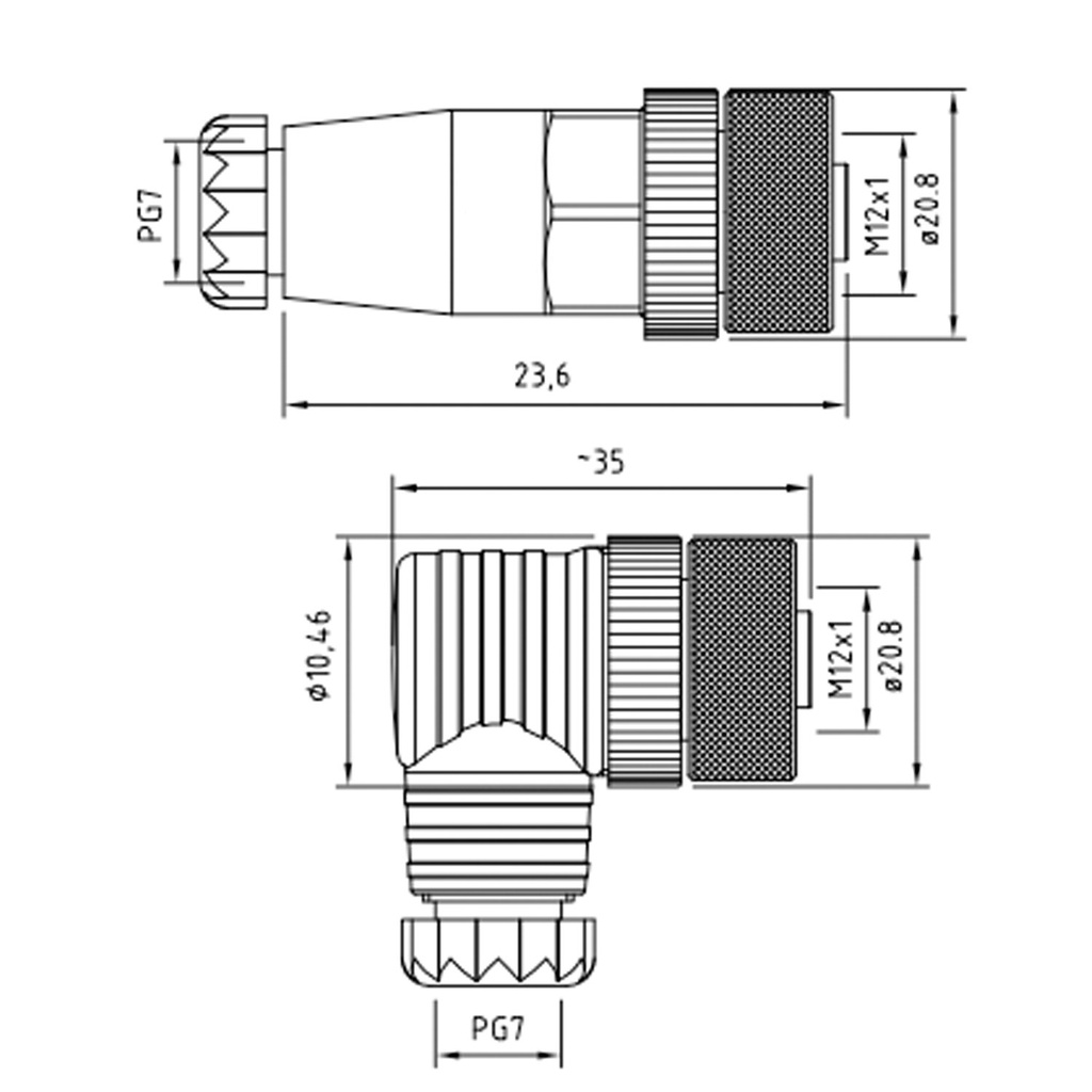 M12 Straight Female Field Wireable Connector With Screw Terminal, Pg7 Cable Gland, Black, 5-Pole