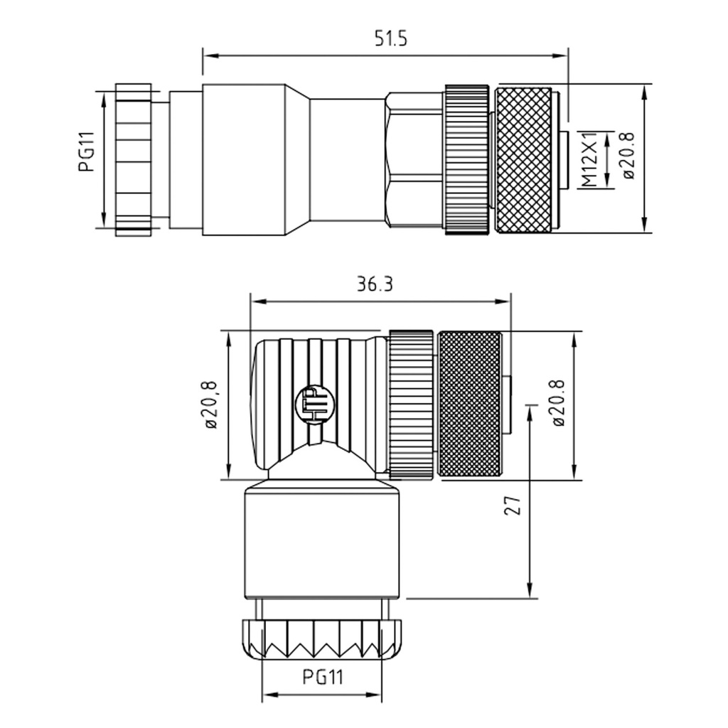 M12 90 Degree Female field wireable connector with screw terminal, PG9/11 cable gland, black, 5 pole