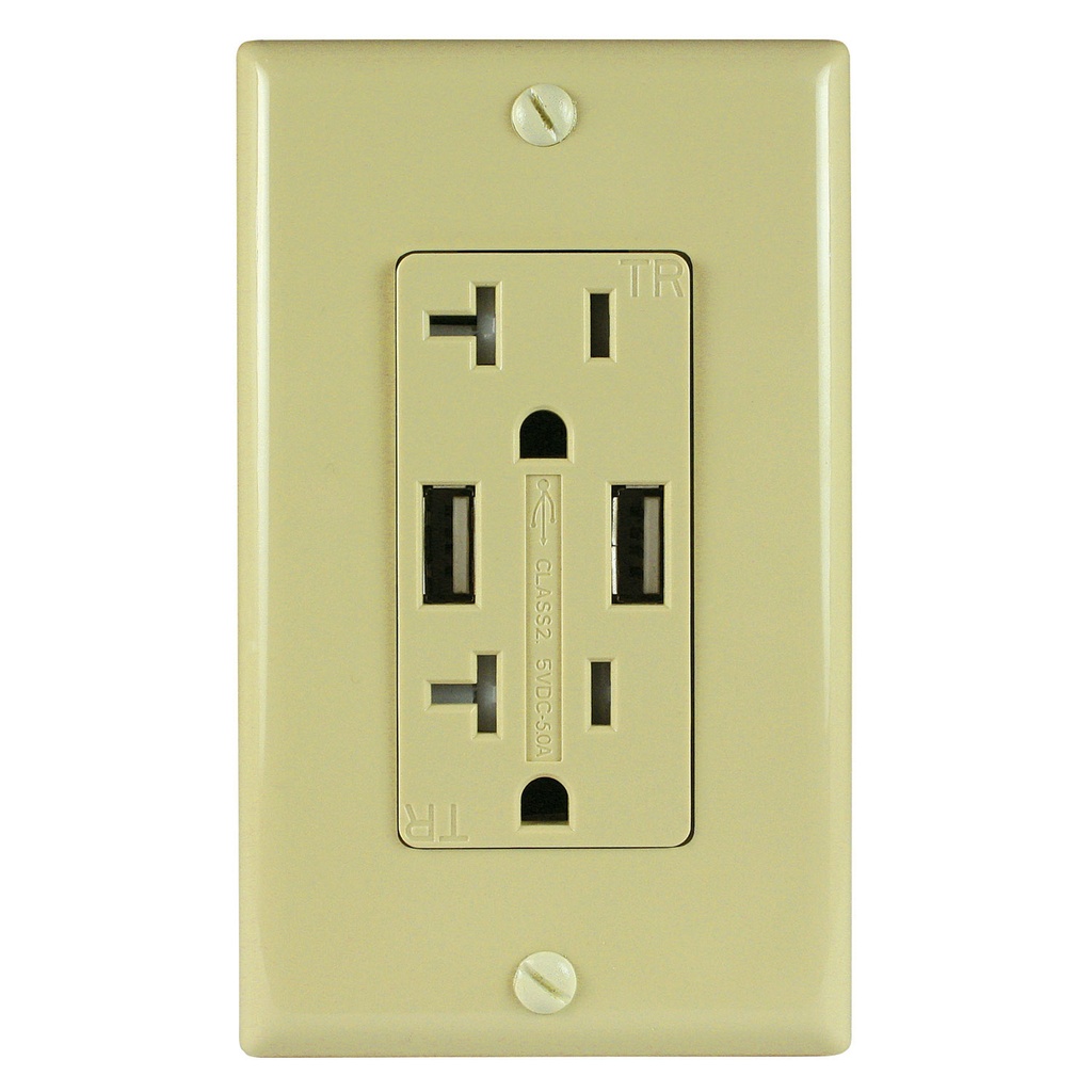 20A Duplex Wall Outlet with 2 USB Charging Ports, Ivory, Includes Wall Plate, (3-Pack)