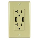 20A Duplex Wall Outlet with 2 USB Charging Ports, Ivory, Includes Wall Plate, (3-Pack)