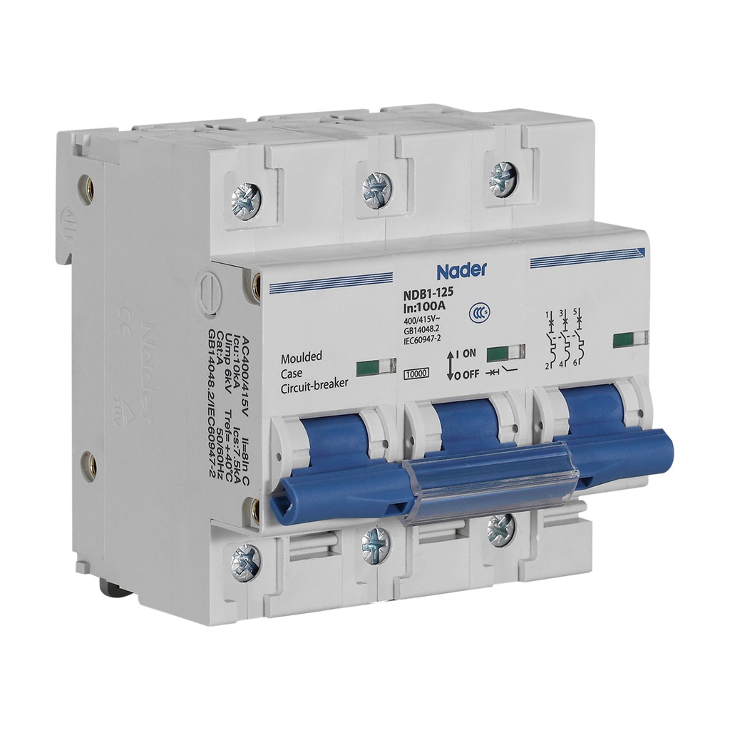 Mini Circuit Breaker UL1077 Listed | 100A  C Curve | 400/415VAC  10kAIC | DIN Rail Mount | Non Polarized MCB Branch Circuit Protection | NDB1-125C100-3 (3 Pole  C Trip  100 Amp)