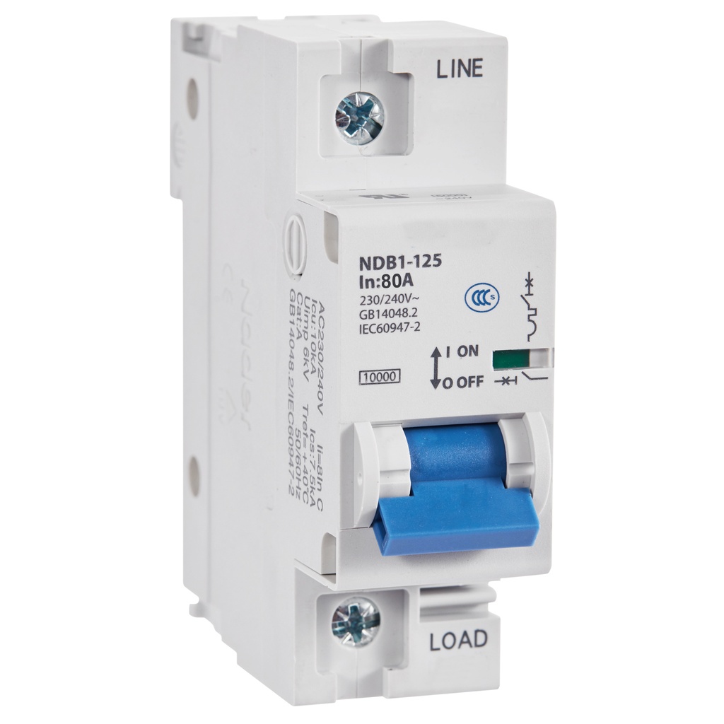 Mini Circuit Breaker UL1077 Listed | 80A  C Curve | 230/240VAC 60VDC 10kAIC | DIN Rail Mount | Non Polarized MCB Branch Circuit Protection | NDB1-125C80-1 (1 Pole  C Trip  80 Amp)