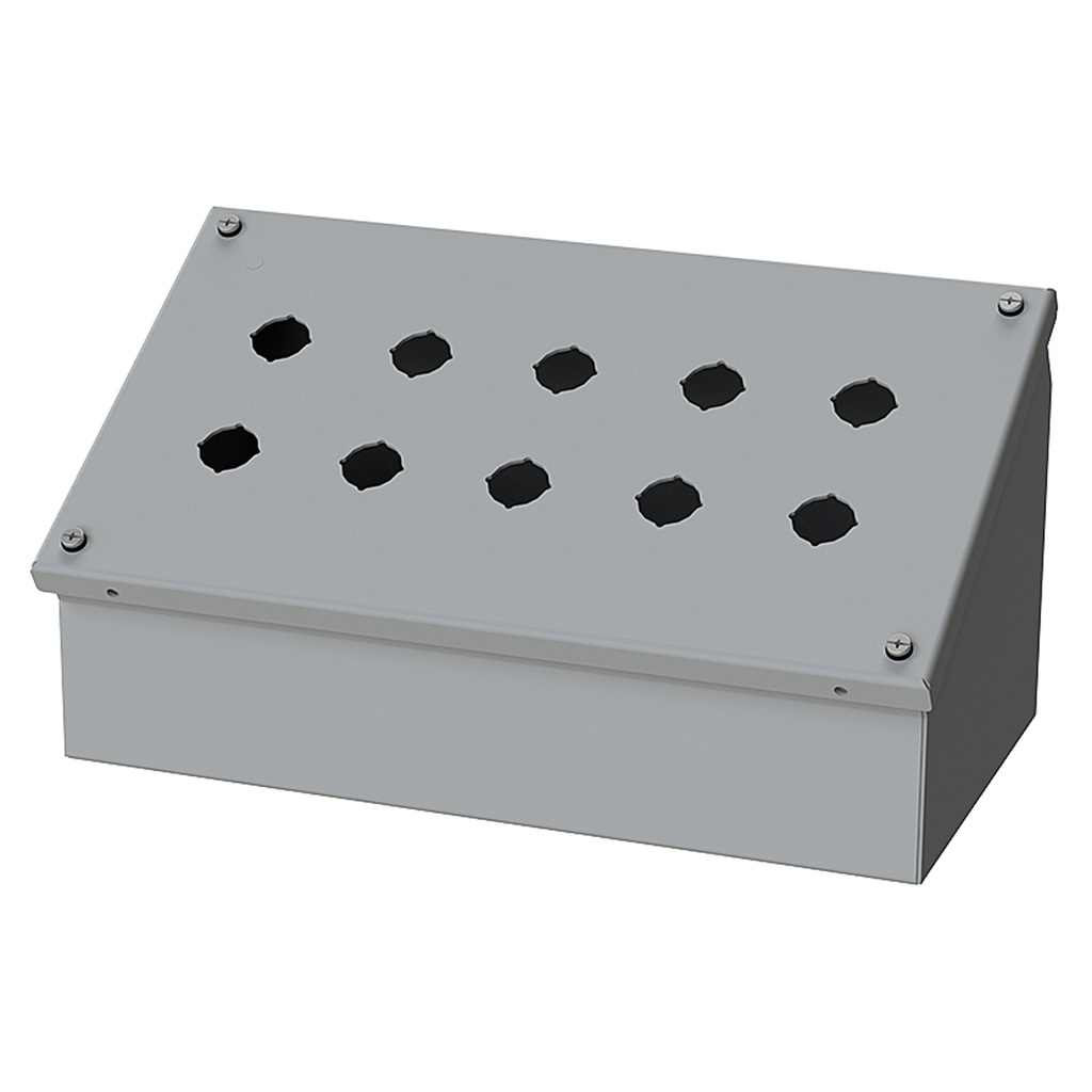 Push Button Enclosure, Sloping Front, 22.5mm Hole, 10 Hole, Steel, Gray