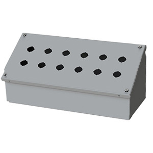 Push Button Enclosure, Sloping Front, 30.5mm Hole, 12 Hole, Steel, Gray