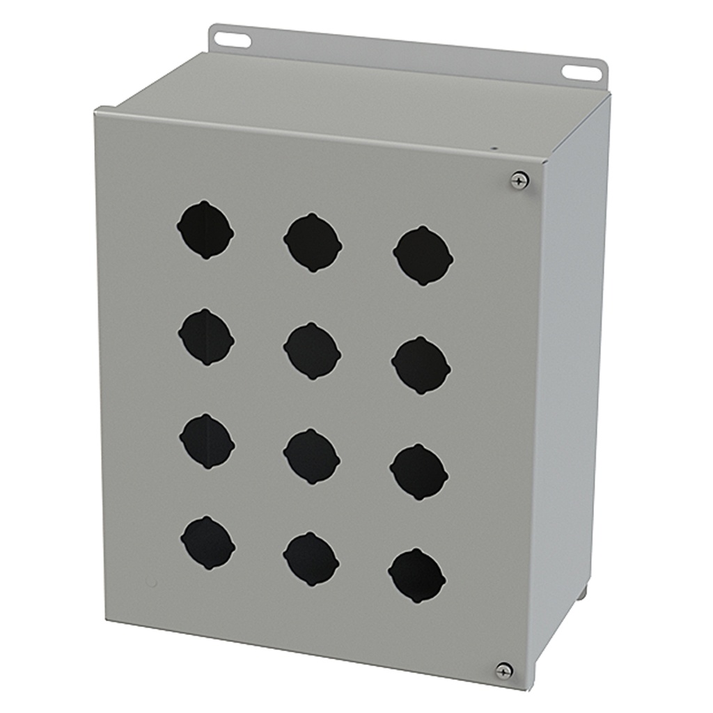Push Button Enclosure, Hinged Cover, 30.5mm Hole, 12 Hole, Steel, Gray
