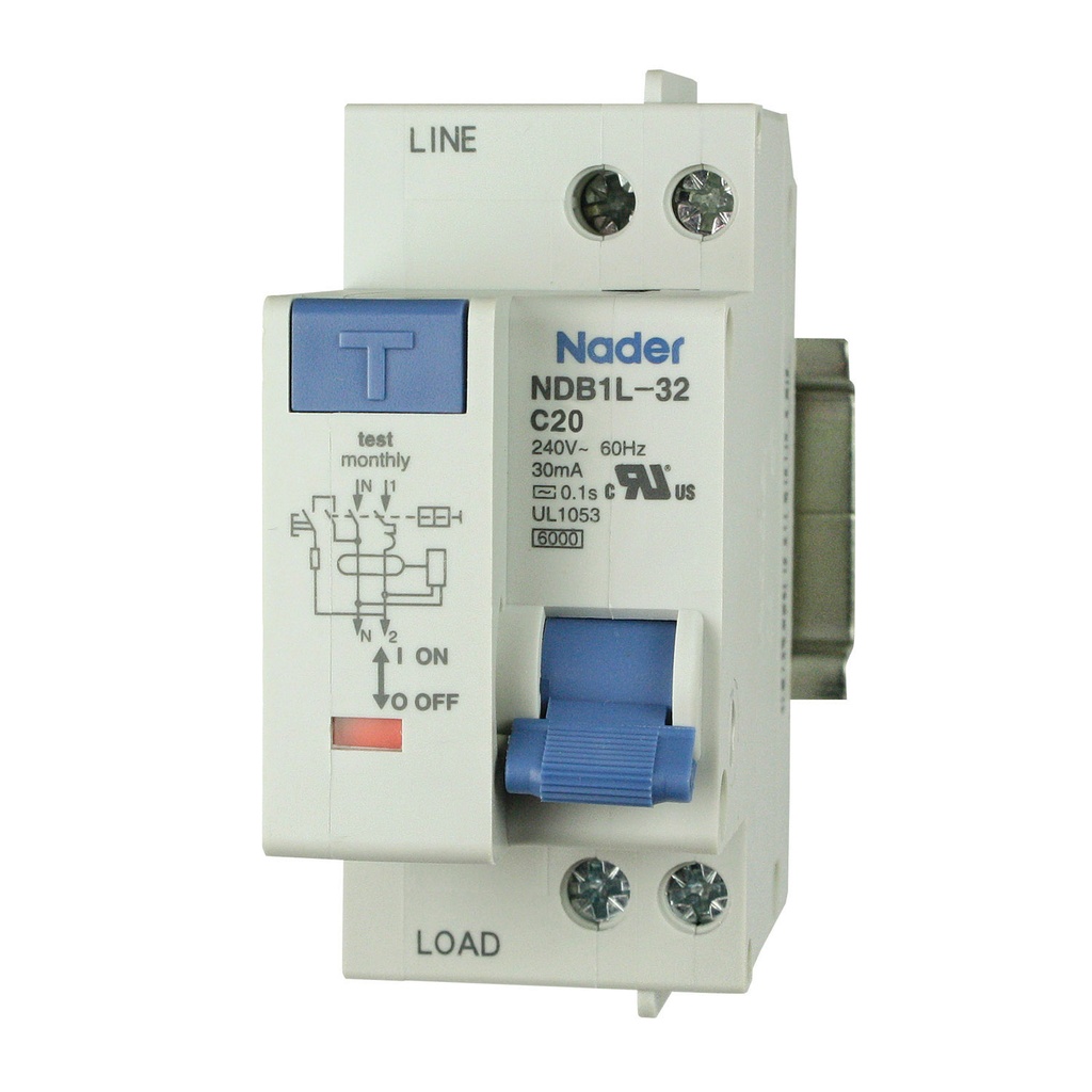 20A 240VAC Ground Fault Circuit Breaker | 30mA Earth Leakage | C Curve | 4.5kA SCCR | UL1053 Recognized | NDB1L-32C-20-240V