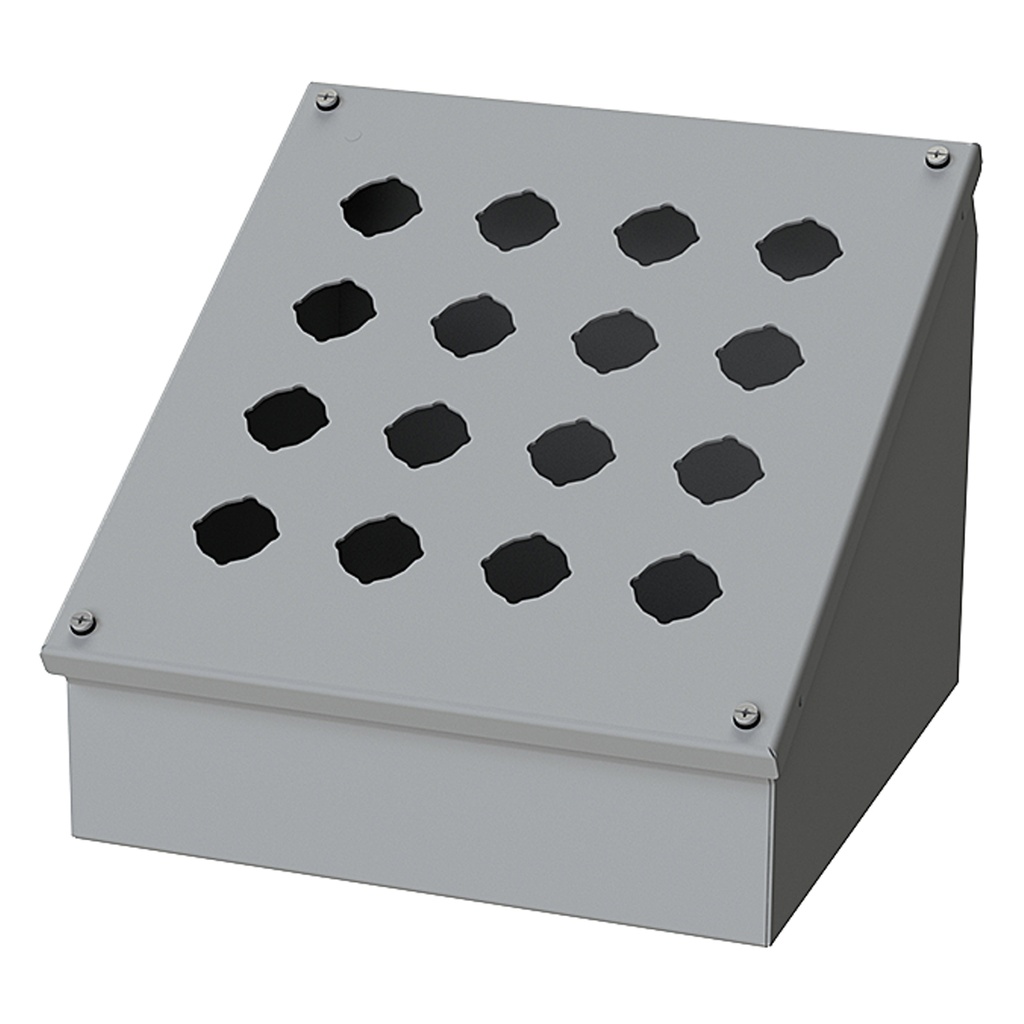Push Button Enclosure, Sloping Front, 30.5mm Hole, 16 Hole, Steel, Gray