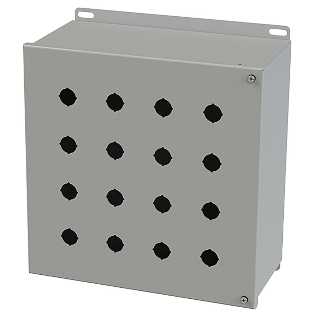 Push Button Enclosure, Hinged Cover, 22.5mm Hole, 16 Hole, Steel, Gray