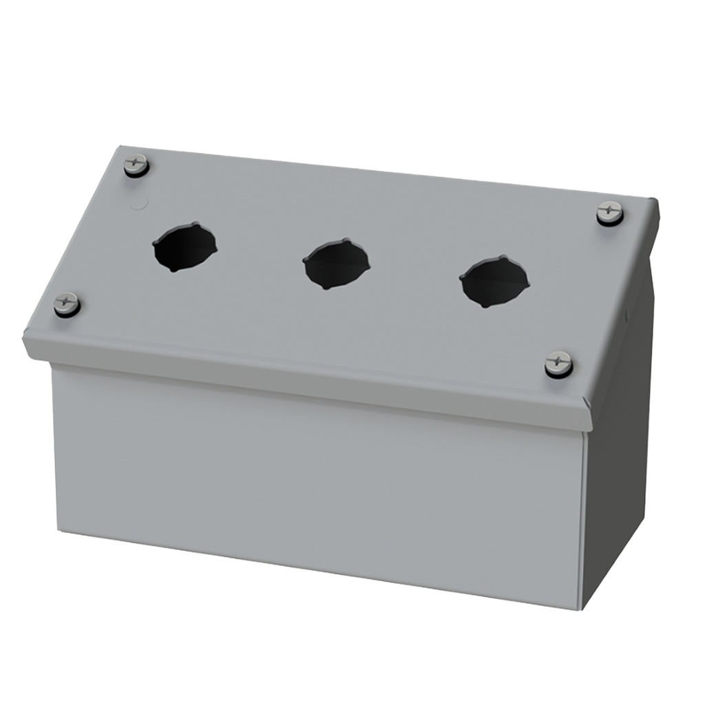 Push Button Enclosure, Sloping Front, 22.5mm Hole, 3 Hole, Steel, Gray