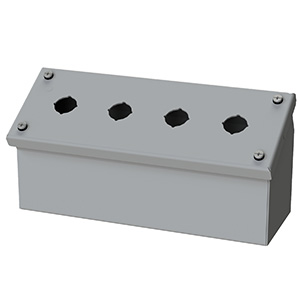 Push Button Enclosure, Sloping Front, 22.5mm Hole, 4 Hole, Steel, Gray