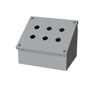 Push Button Enclosure, Sloping Front, 22.5mm Hole, 6 Hole, Steel, Gray