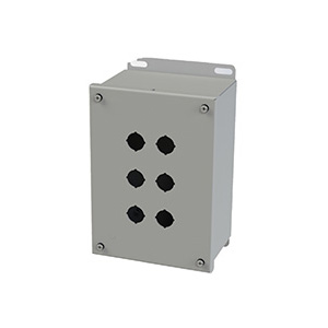 Push Button Enclosure, Compact, 22.5mm Hole, Six Hole, Steel, Gray