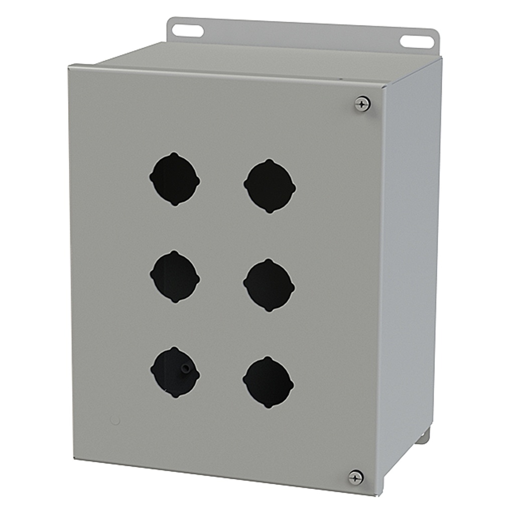 Push Button Enclosure, Hinged Cover, 30.5mm Hole, 6 Hole, Steel, Gray