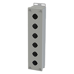 Push Button Enclosure, 30.5mm Hole, Single Row Six Hole, Steel, Gray