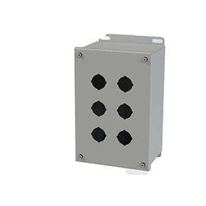 Push Button Enclosure, Extra Deep, 30.5mm Hole, 6 Hole, Steel, Gray