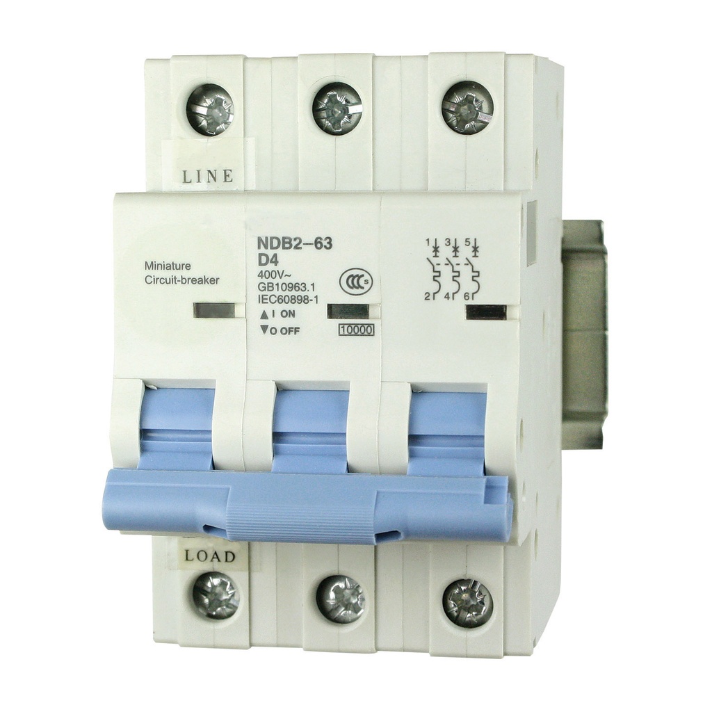 Mini Circuit Breaker | UL1077 Listed  | 4A  D Curve  400/415VAC  10kAIC |  DIN Rail Mount |  Non Polarized |  MCB Branch Circuit Protection | NDB2-63D4-3 (3 Pole, D Trip, 4 Amp)