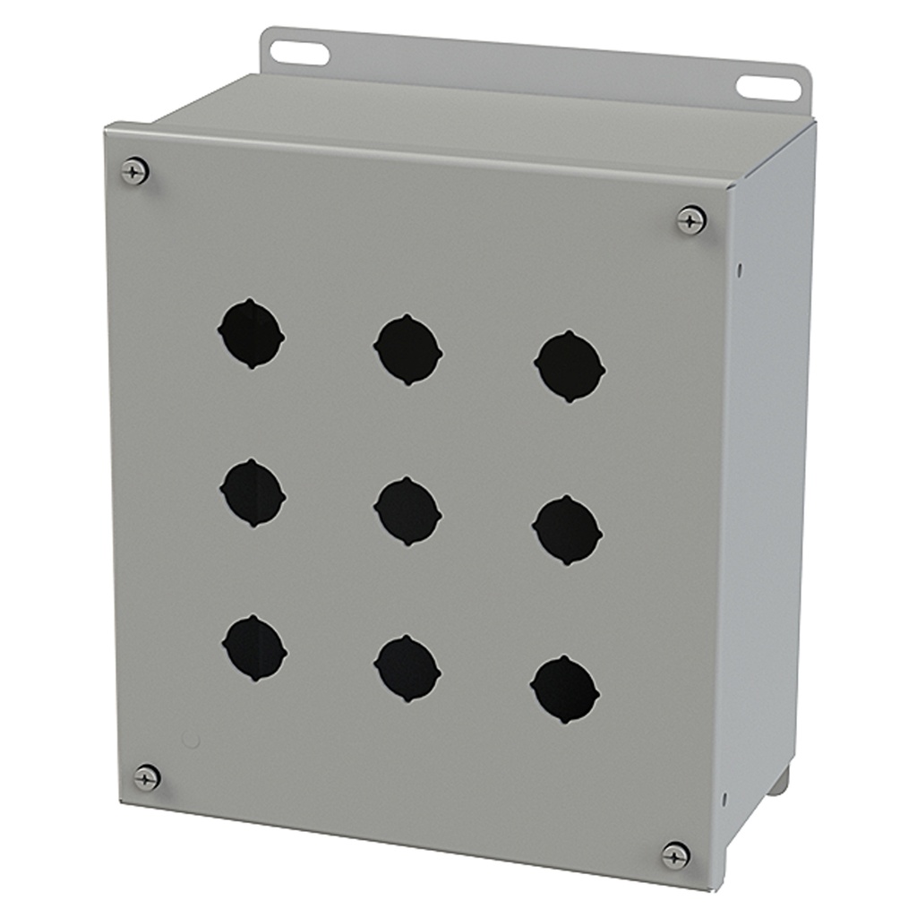 Push Button Enclosure, Compact, 22.5mm Hole, Nine Hole, Steel, Gray