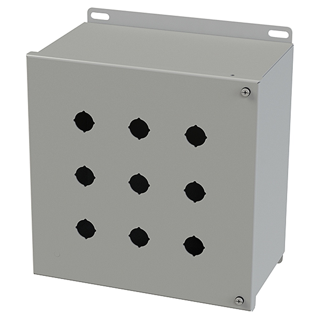 Push Button Enclosure, Hinged Cover, 22.5mm Hole, 9 Hole, Steel, Gray