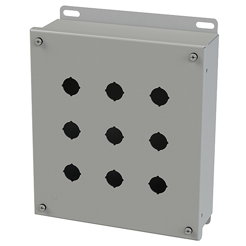 Push Button Enclosure, 22.5mm Hole, Nine Hole, Steel, Gray