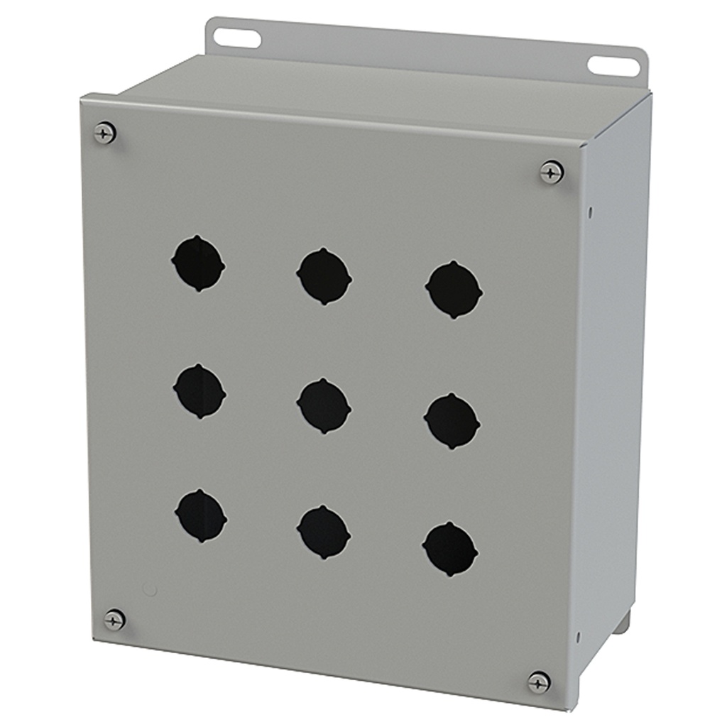 Push Button Enclosure, Extra Deep, 22.5mm Hole, 9 Hole, Steel, Gray