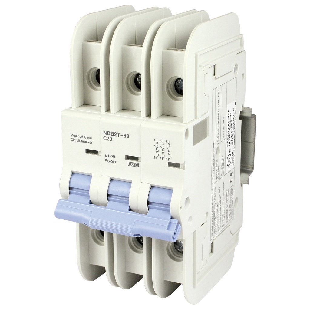 Mini Circuit Breaker | UL489 Listed  | 20A  C Curve  240V/480Y/277VAC  80VDC  10kAIC |  DIN Rail Mount |  Non Polarized |  MCB Branch Circuit Protection | NDB2T-63C20-3L (3 Pole, C Trip, 20 Amp)