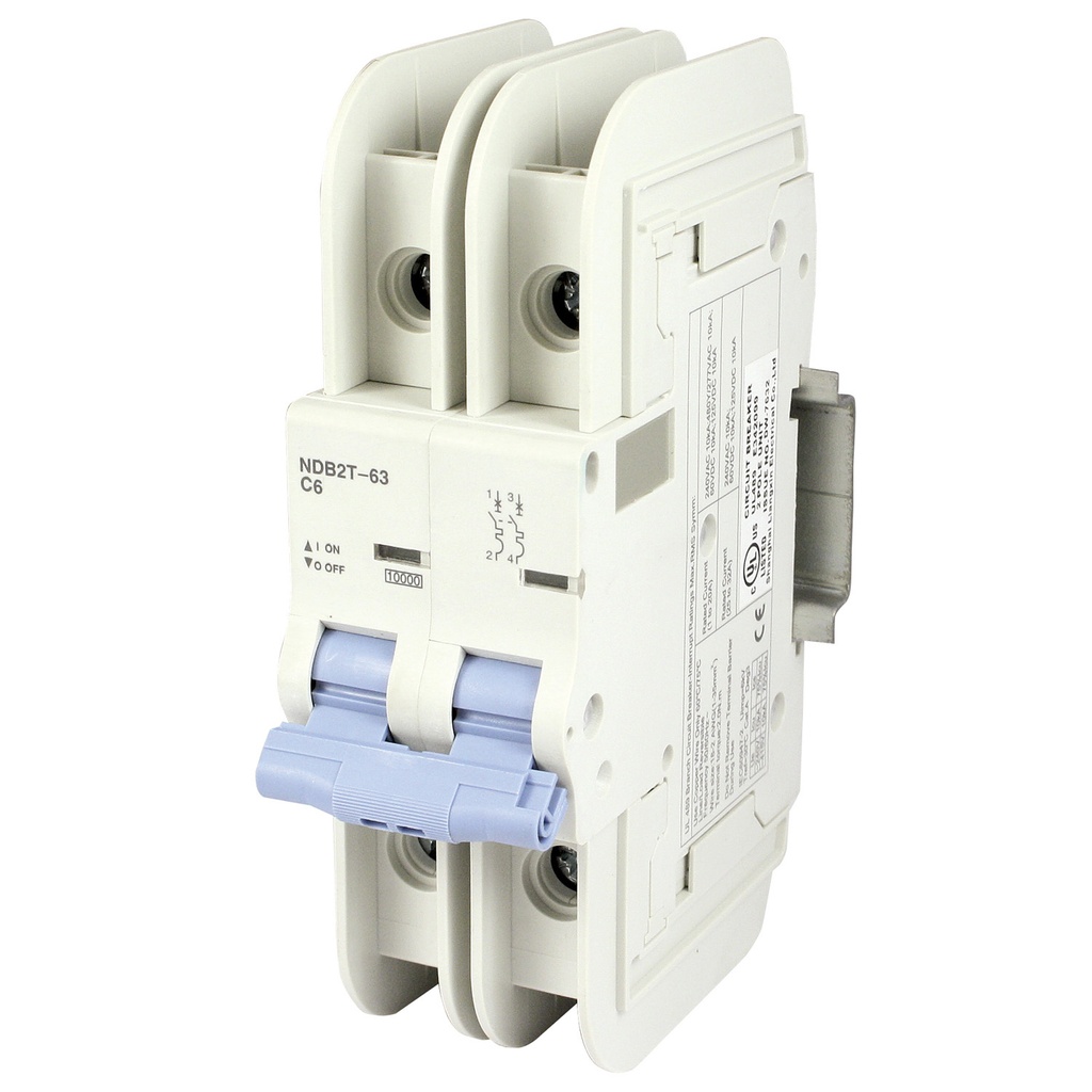 Mini Circuit Breaker | UL489 Listed  | 6A  C Curve  240V/480Y/277VAC  125VDC  10kAIC |  DIN Rail Mount |  Non Polarized |  MCB Branch Circuit Protection | NDB2T-63C6-2L (2 Pole, C Trip, 6 Amp)