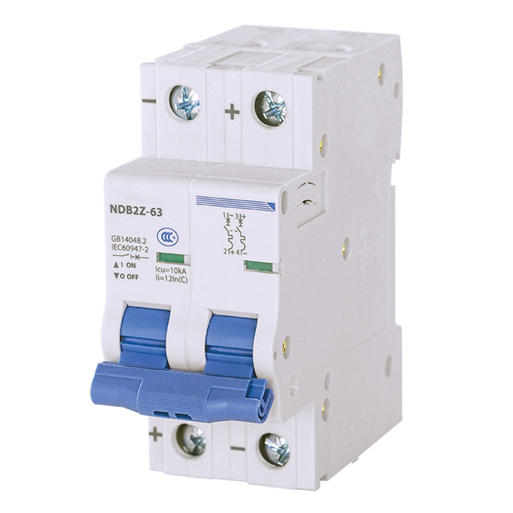 Mini Circuit Breaker | UL1077 Listed  | 1A  C Curve  400/415VAC  80VDC  10kAIC |  DIN Rail Mount |  Non Polarized |  MCB Branch Circuit Protection | NDB2Z-63C1-2 (2 Pole, C Trip, 1 Amp)