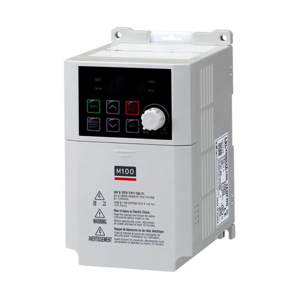 VFD, HD 1/4HP | INPUT: 1.8A, 110-120VAC, Single Phase IP20, Meets UL 61800-5-1 | OUTPUT: 1.4A, 200-240VAC Three Phase | Din Rail Mount | Side-by-Side Installation | Built In Keypad, Pot, EMC, RJ45, ModBus | M100 Series | LSLV0002M100-SEONNA        