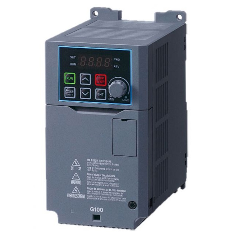 VFD, HD 1/2HP | INPUT: 2.2A, 200-240VAC, Three Phase IP20, Meets UL 61800-5-1 | OUTPUT: 1.0kVA, 200-240VAC Three Phase | Din Rail Mount | Side-by-Side Installation | Built In Keypad, Pot, EMC, RJ45, ModBus | G100 Series | LSLV0004G100-2EONN