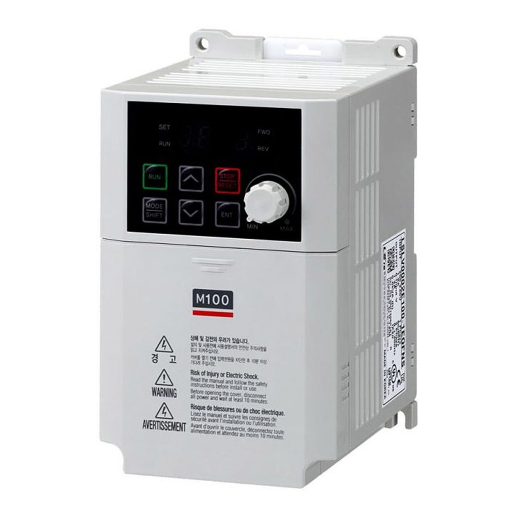 VFD, HD 1HP | INPUT: 7.1A, 200-240VAC, Single Phase IP20, Meets UL 61800-5-1 | OUTPUT: 4.2A, 200-240VAC Three Phase | Din Rail Mount | Side-by-Side Installation | Built In Keypad, Pot, EMC, RJ45, ModBus | M100 Series | LSLV0008M100-1EOFNA