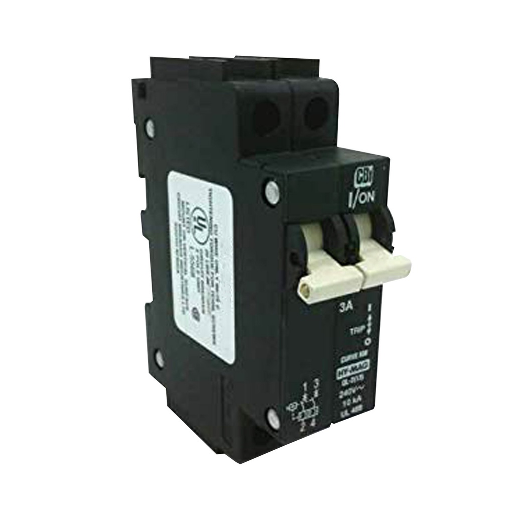 3 Amp DIN Rail Circuit Breaker, 240V AC, 2 Pole, Only 26 mm Wide, UL489 Listed
