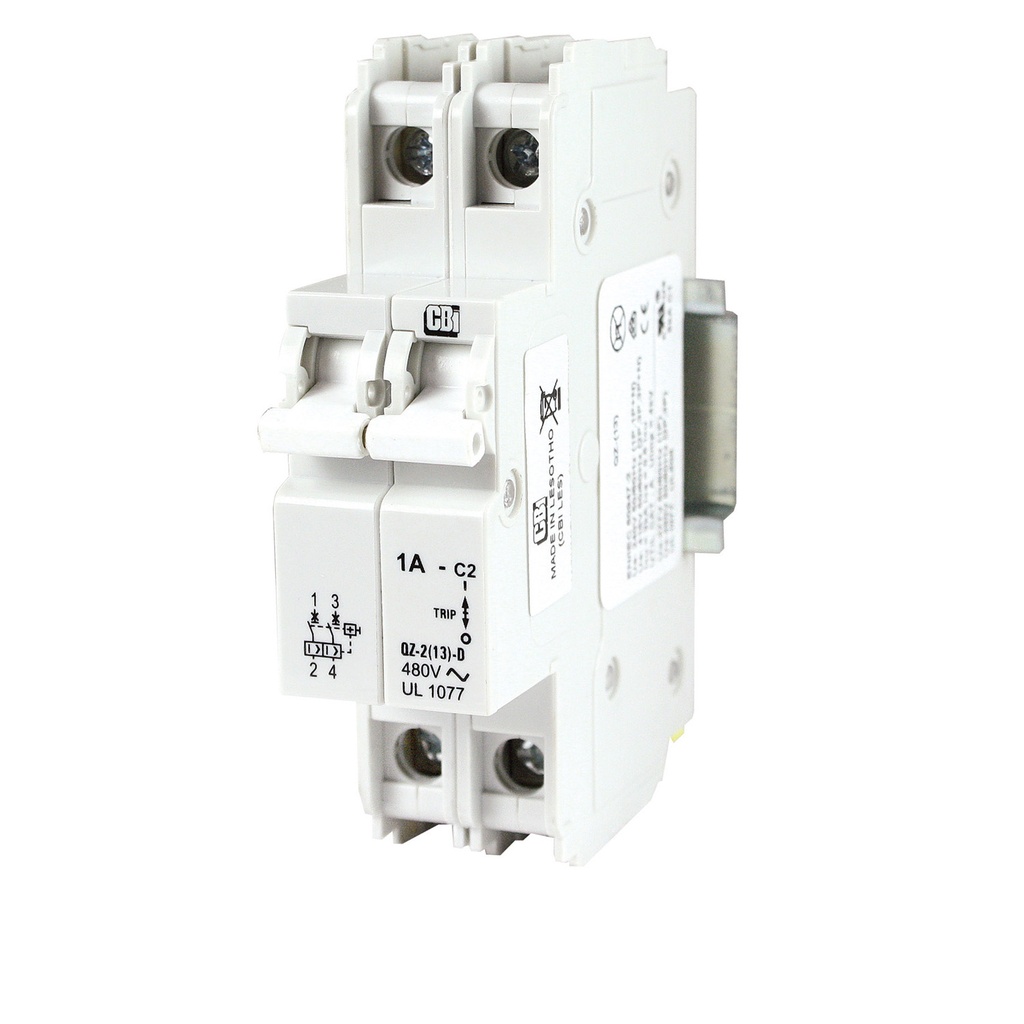 ASI QZ213D202 DIN Rail Circuit Breaker | 2-Pole, 2A, 5kA Interrupt | UL1077 Mini Circuit Breaker | Space-Saving 13mm Design | Medium Trip Curve