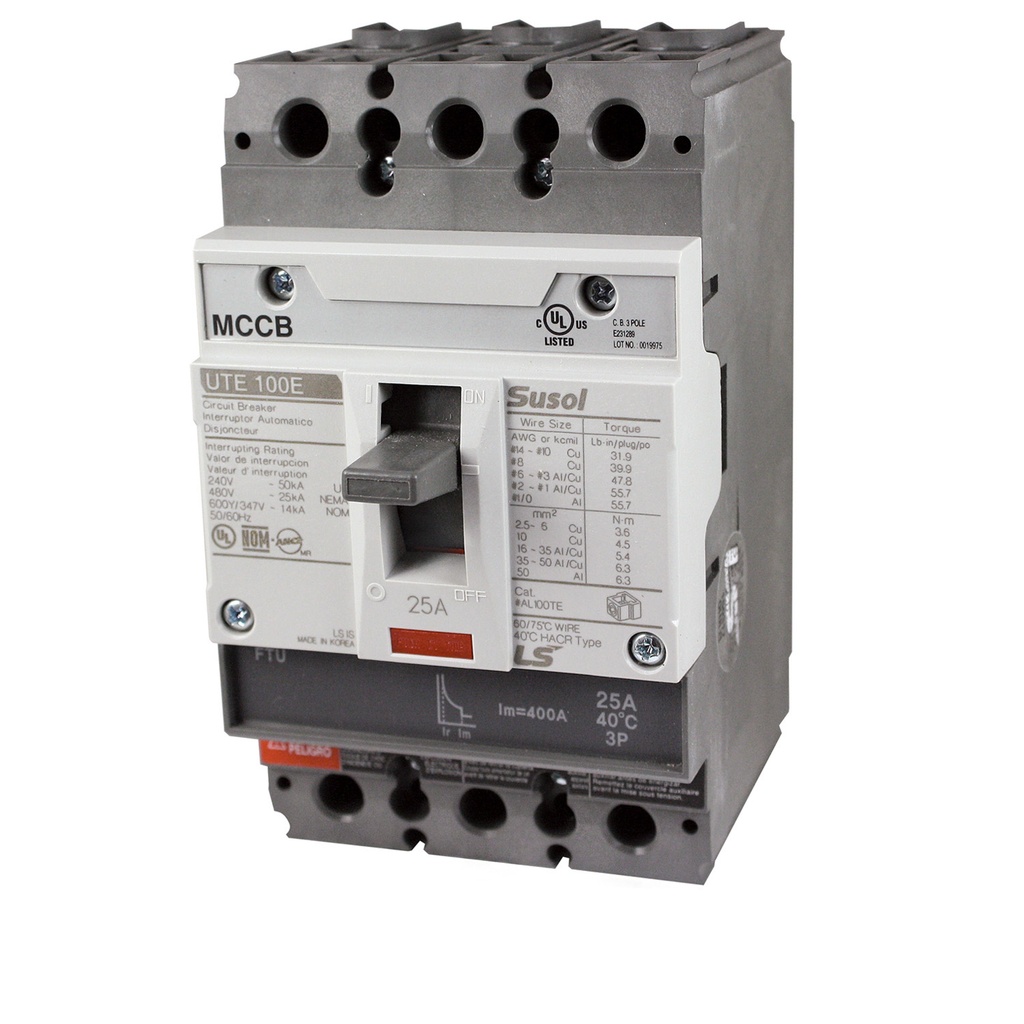 UTE100 MCCB | 25 Amp | 3 Poles | 600V AC Class | UTE100 Frame | Fixed Thermal, Fixed Magnetic Trip | Line & Load Side Lugs | UL489 | Molded Case Circuit Breaker | UTE100E-FTU-25A-3P-LL-UL