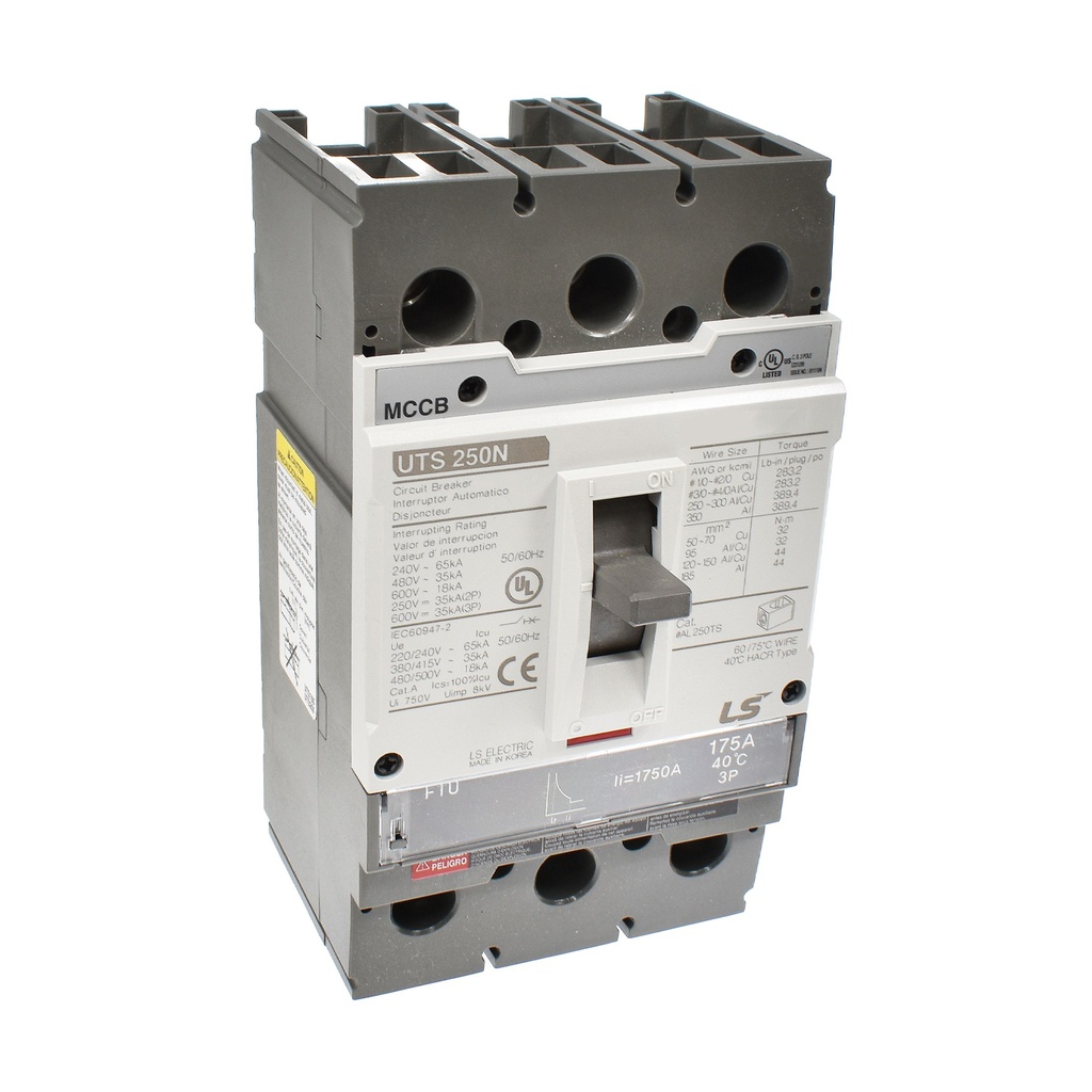 UTS250 MCCB | 175 Amp | 3 Poles | 600V AC Class | UTS250 Frame | Fixed Thermal, Fixed Magnetic Trip | Line & Load Side Lugs | UL489 | Molded Case Circuit Breaker | UTS250N-FTU-175A-3P-LL-UL