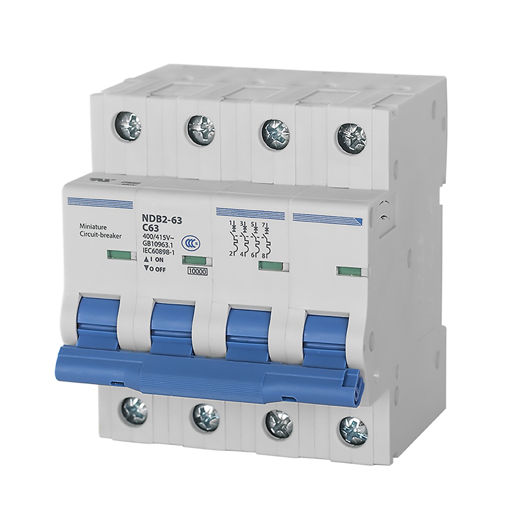 Mini Circuit Breaker | UL1077 Listed  | 40A  D Curve  400/415VAC  10kAIC |  DIN Rail Mount |  Non Polarized |  MCB Branch Circuit Protection | NDB2-63D40-4 (4 Pole, D Trip, 40 Amp)