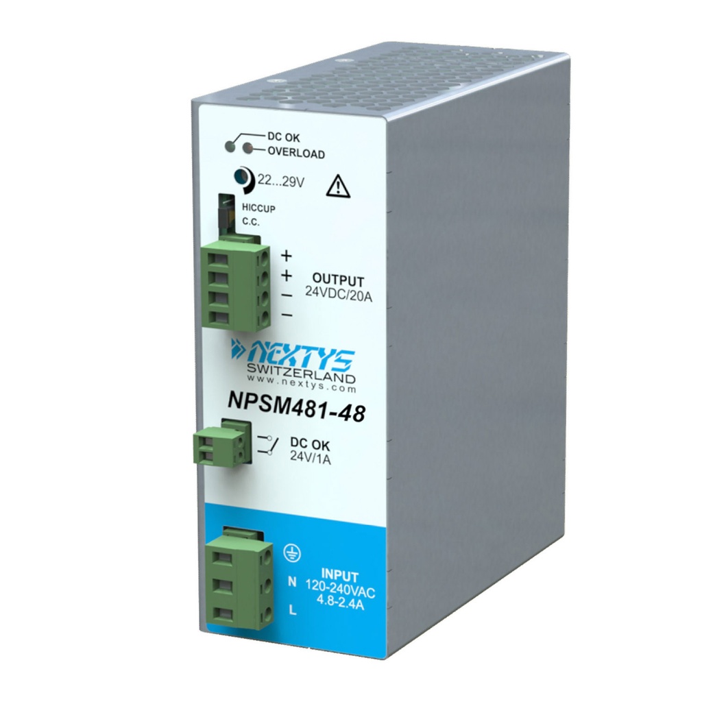 480W, 120/240VAC Input, 48VDC x 10A Parallel Model Output, DIN Rail Mount Power Supply, Compact Design