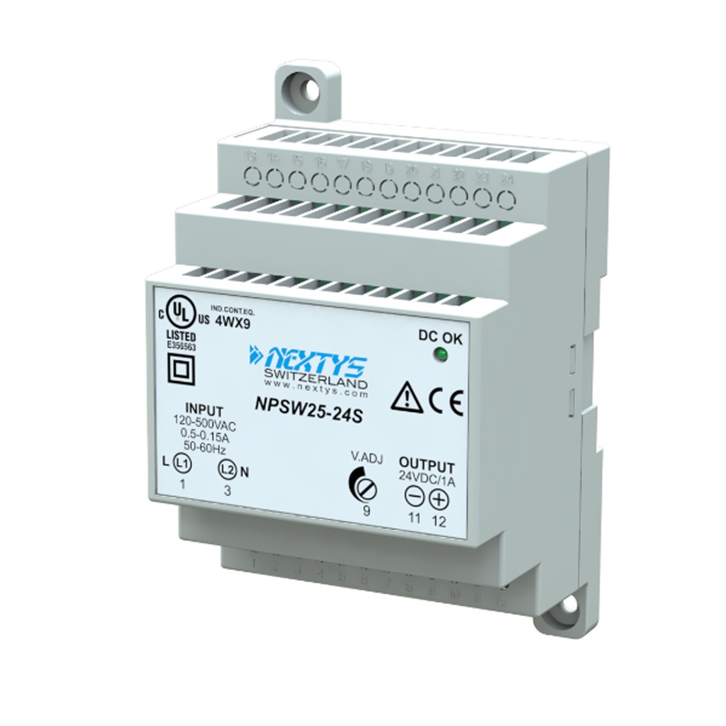 25W, Variable AC Input 120V to 480VAC, Variable 23-28VDC Nominal 24VDC x 1A Output, Din Rail Mount Power Supply, Compact Design