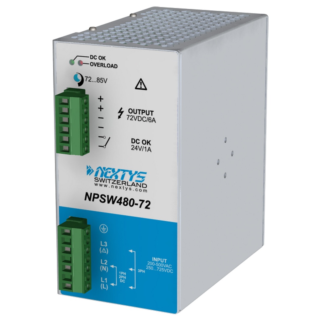 72V, 1-2-3 Phase Compact DIN Rail Power Supply, Output 70-85Vdc, 6A