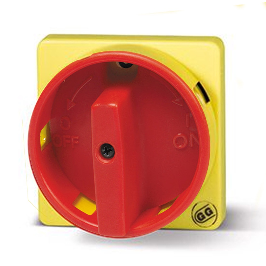 Rotary Handle for Switches, Yellow Plate, Red Knob, Lockable, 67x67mm