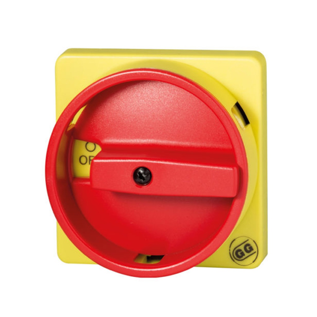 NEMA 4X Handle for Changeover Switches 1-0-2, Base Mount , Locking, Rotary, Red Dial, Yellow Plate, 3 Position, For C063-C080 Series